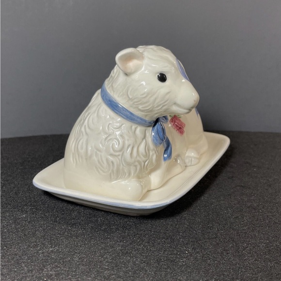 Vintage Leno poppies on blue butter Dish - Picture 2 of 12